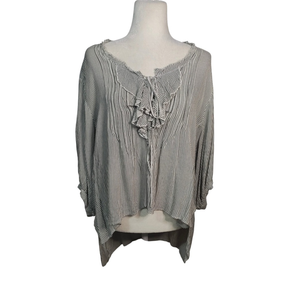 Free People Striped Ruffle Top Blouse Gray White Boho Oversized Coquette M/L